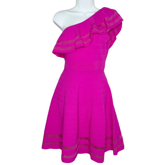 Ted Baker 8 NEW Streena Knit Skater Dress One Shoulder Hot Pink Barbie - Picture 2 of 12